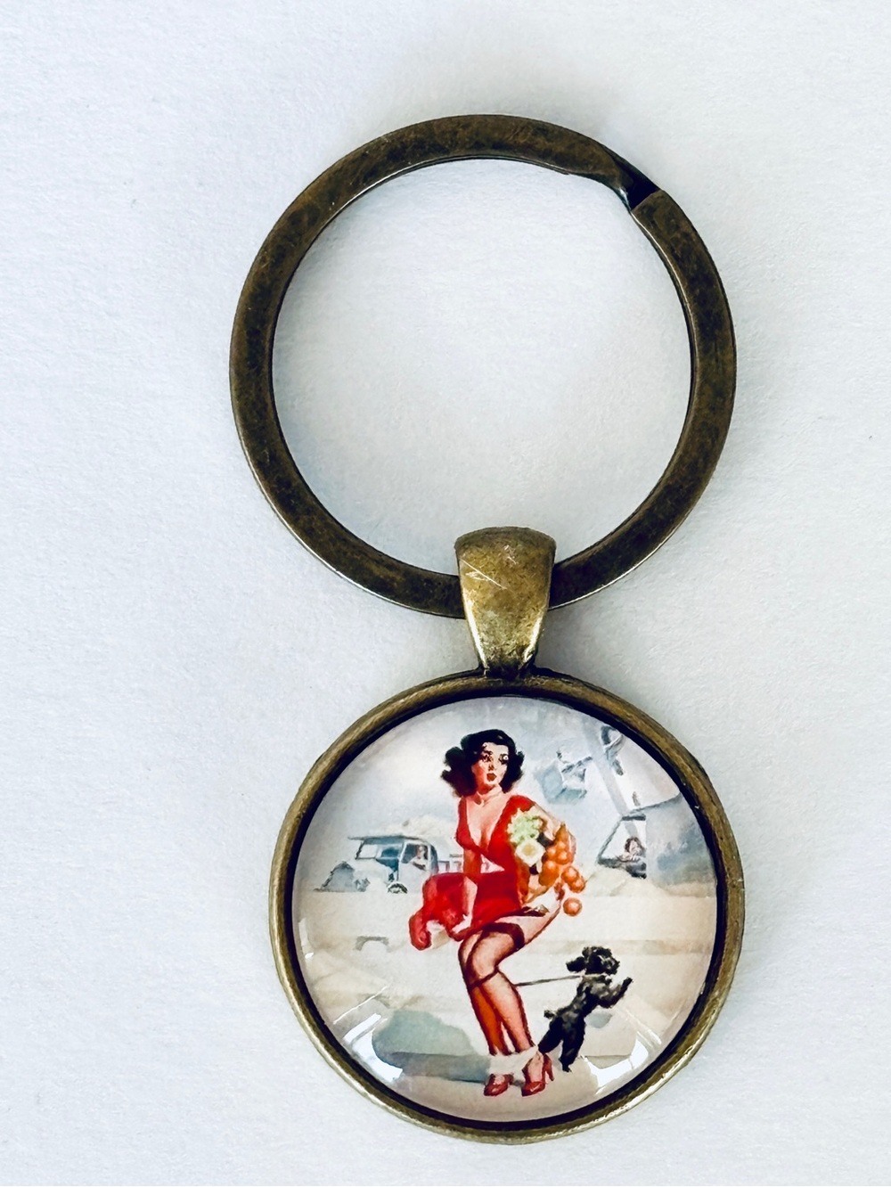 Vintage Pin-Up Girl with Dog Keychain